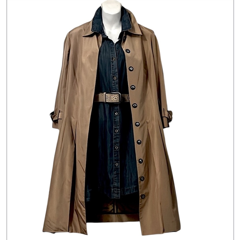 Per Se Woman’s Tan Muted Gold Tan Silk Pleated Trench Lightweight Jacket Coat 6